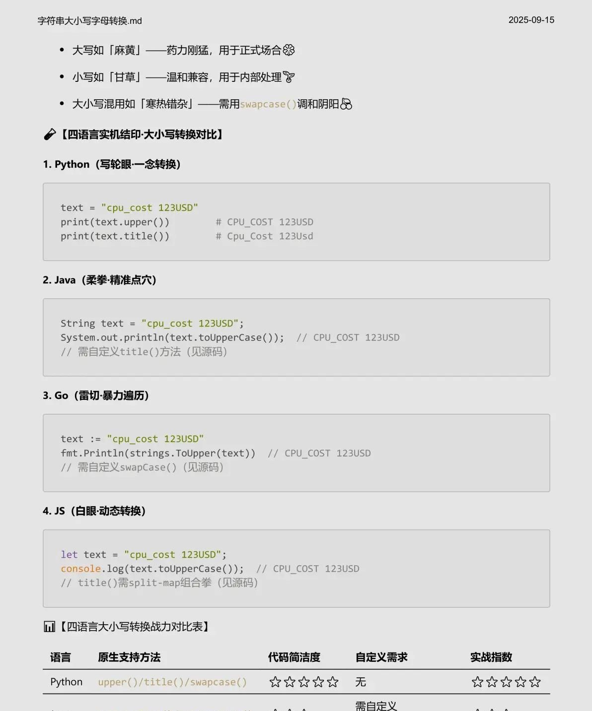 Python/JS/GO/JAVA四语言同步学(第十四章_字符串字母大小写转换)