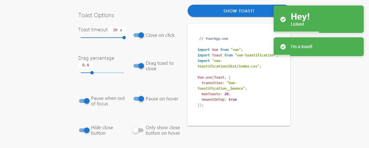 基于 Vue 超美丽Toast提示组件Vue-Toastification