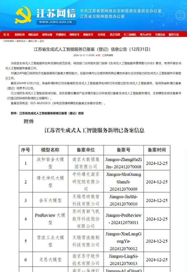 江苏首个零售行业垂直大模型揭晓 苏宁“灵思”通过网信办备案 新增8款大模型通过江苏生成式人工智能备案 苏宁“灵思”入选 2025迎来AI智能体元年 苏宁“灵思”大模型通过备案