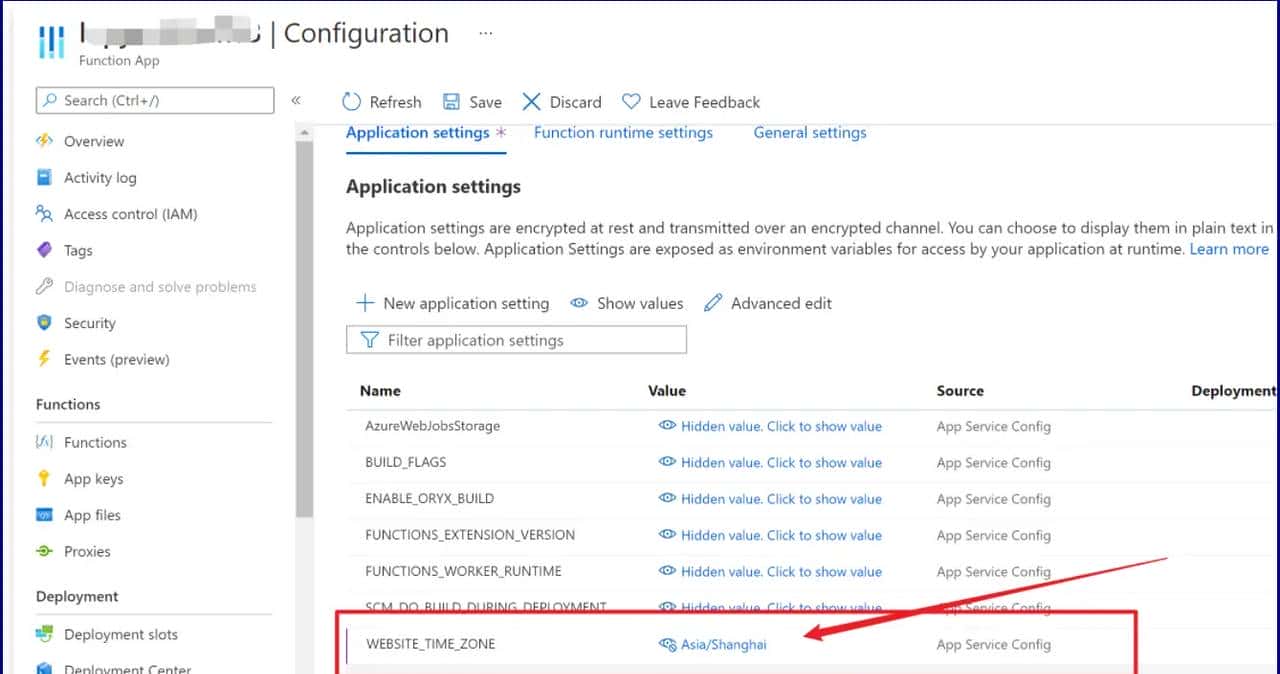 【Azure 应用服务】App Service / Function App 修改系统时区为中国时区的办法(Azure中所有服务的默认时间都为UTC时间,转换为北京时间需要+8小时)
