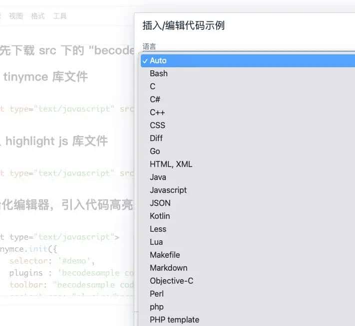 Tinymce 5 插入代码 插件 highlight.js 版