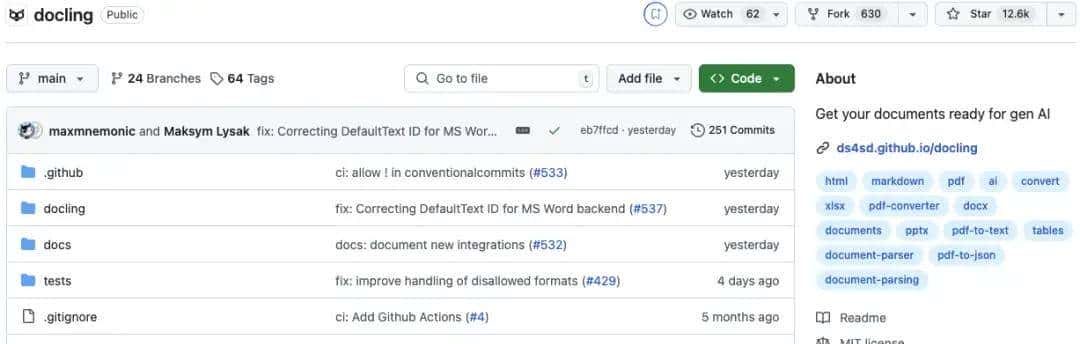 12.6K Star！AI开发者必备！文档解析的超级神器：Docling。