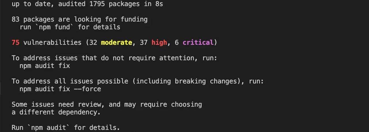 run `npm audit fix` to fix them, or `npm audit` for details  报错解决