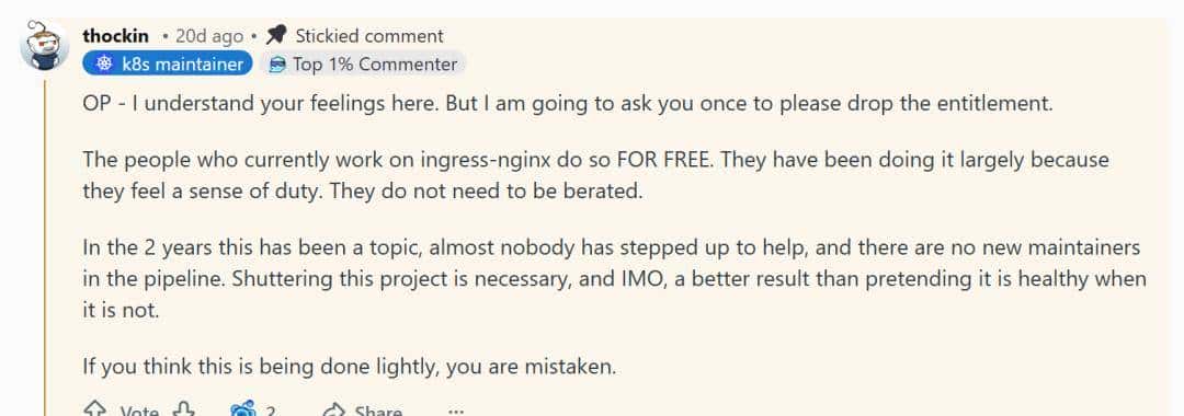 仅1–2人硬抗、致命Bug缠身！Ingress NGINX宣布4个月后“退役”，全球用户慌了：剩下的时间太短了