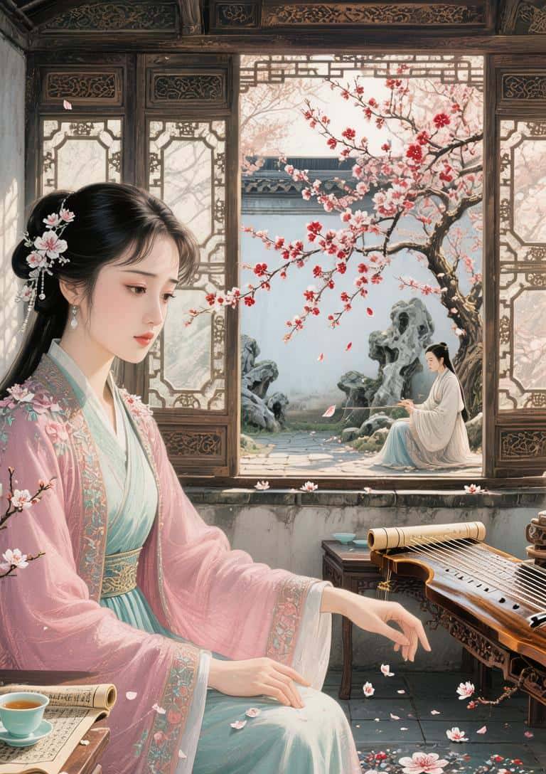 《林黛玉梅庐听琴图》的详细提示词。