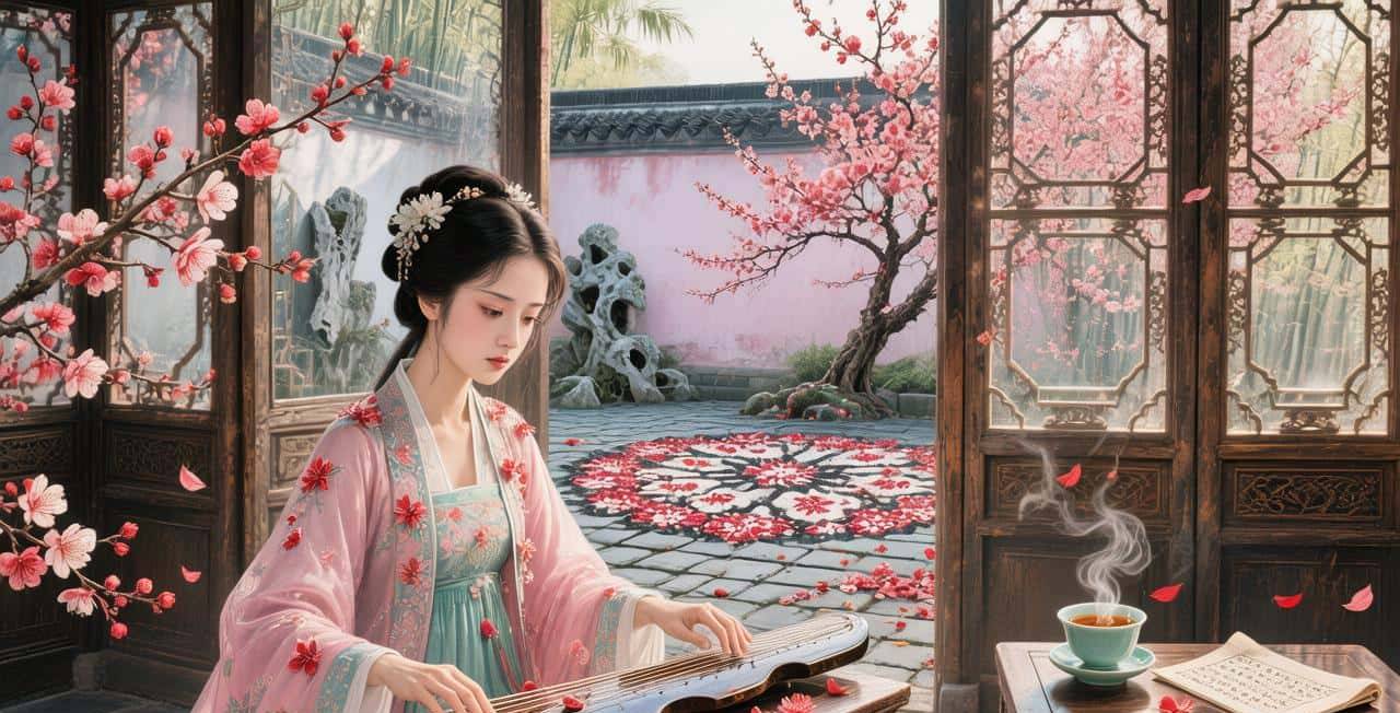 《林黛玉梅庐听琴图》的详细提示词。