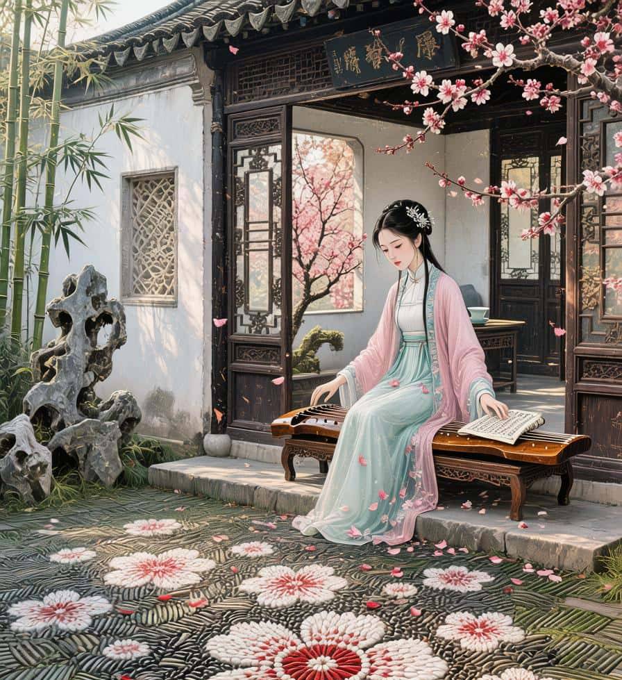 《林黛玉梅庐听琴图》的详细提示词。