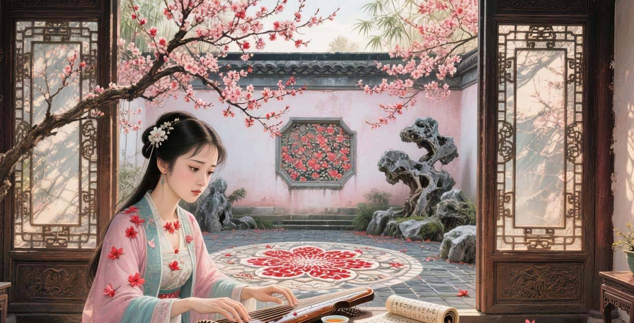 《林黛玉梅庐听琴图》的详细提示词。