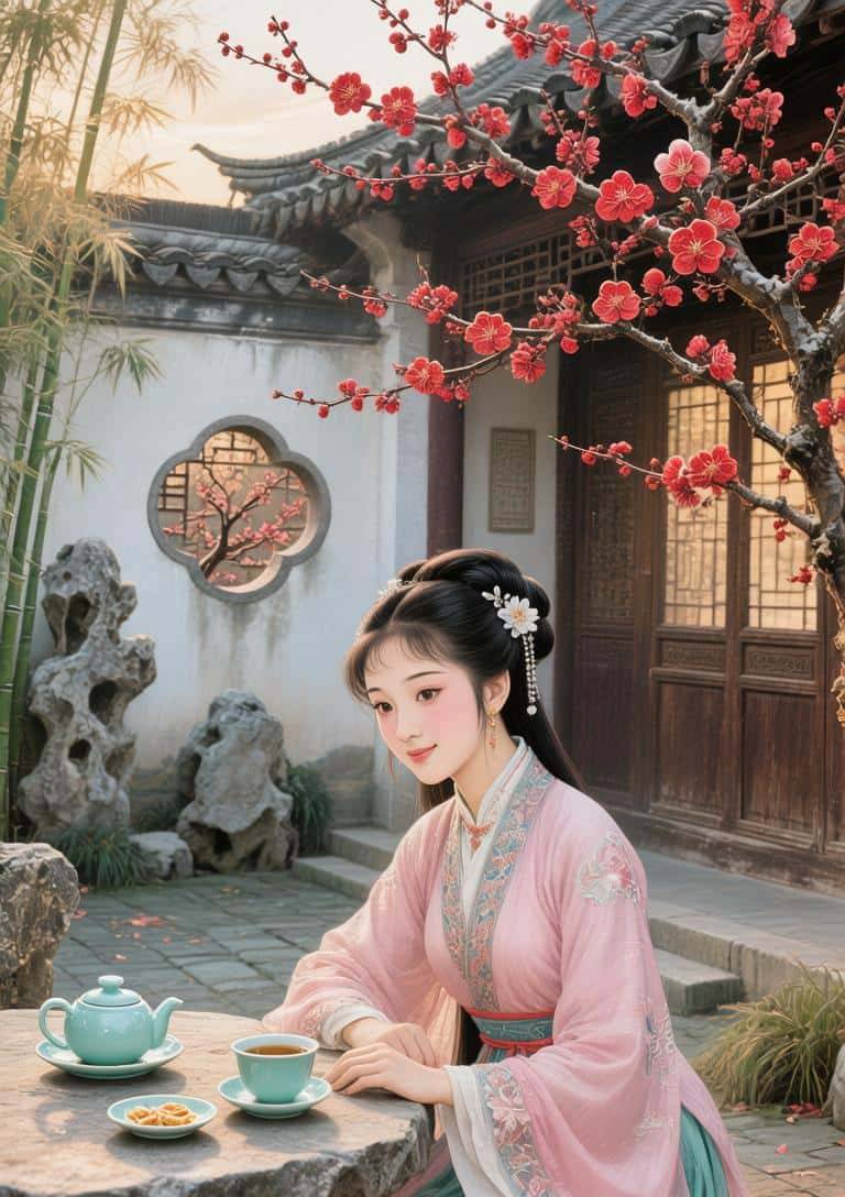 《林黛玉梅庐听琴图》的详细提示词。