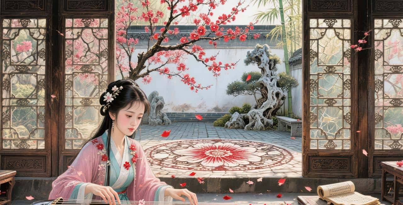 《林黛玉梅庐听琴图》的详细提示词。