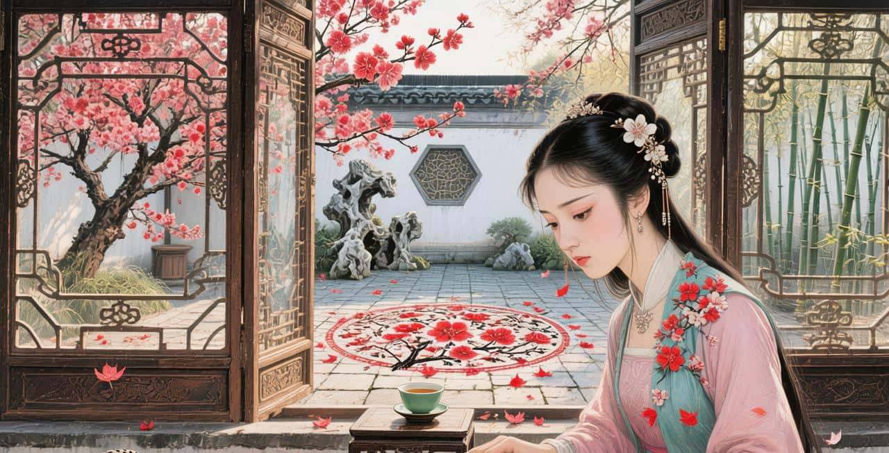 《林黛玉梅庐听琴图》的详细提示词。