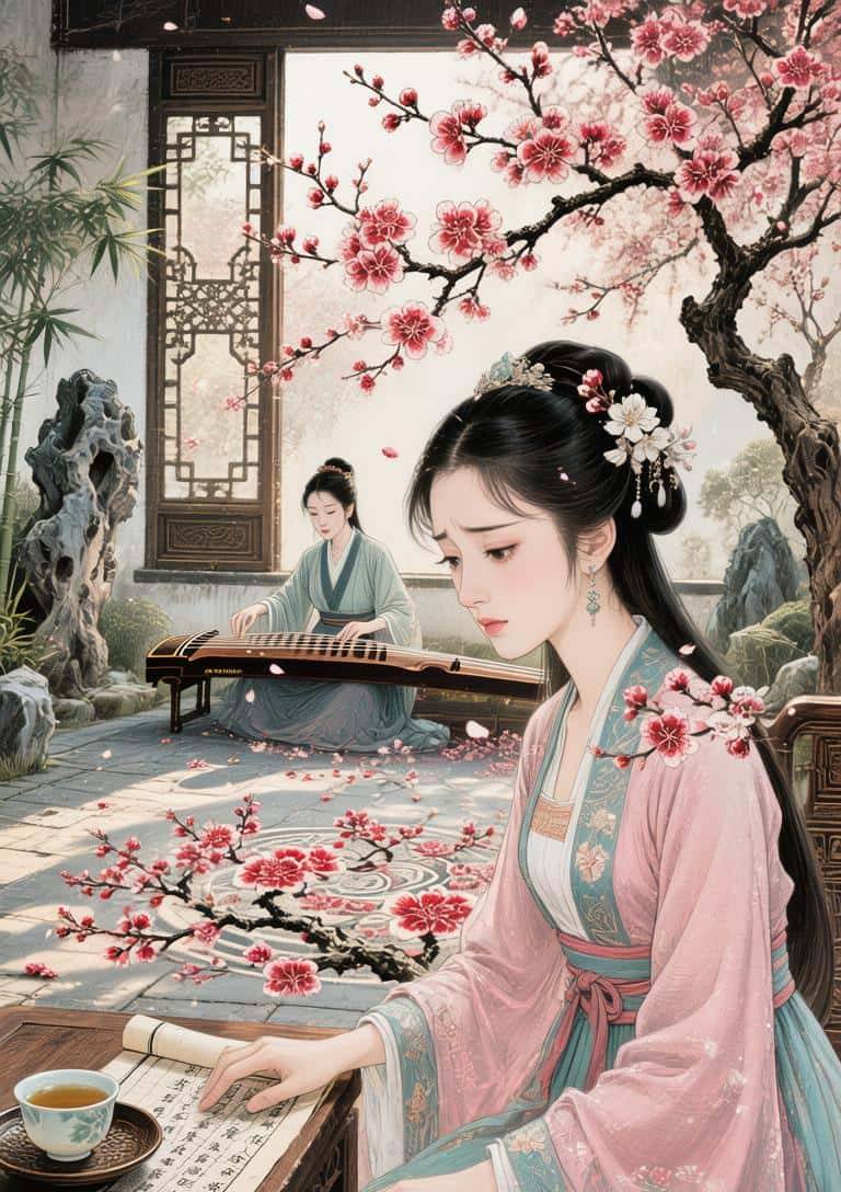 《林黛玉梅庐听琴图》的详细提示词。