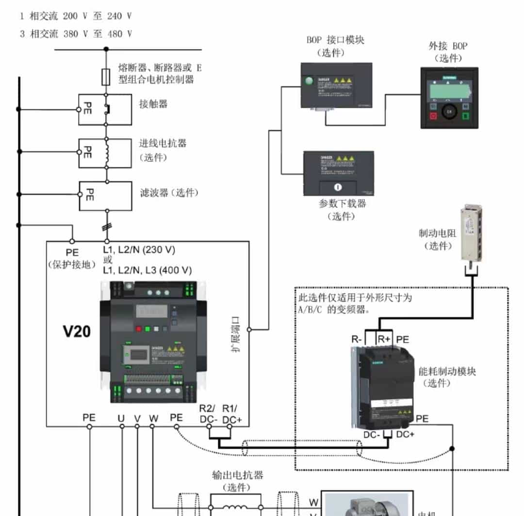 西门子v20变频器控制转盘正反转接线与参数设置