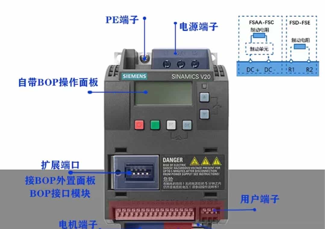 西门子v20变频器控制转盘正反转接线与参数设置