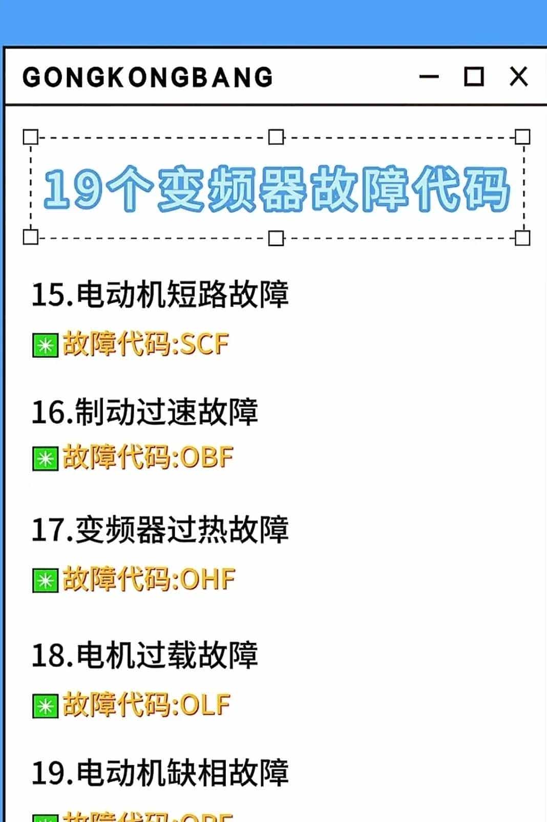 变频器的符号、字母定义及各种故障代码，作为电工必定要知道