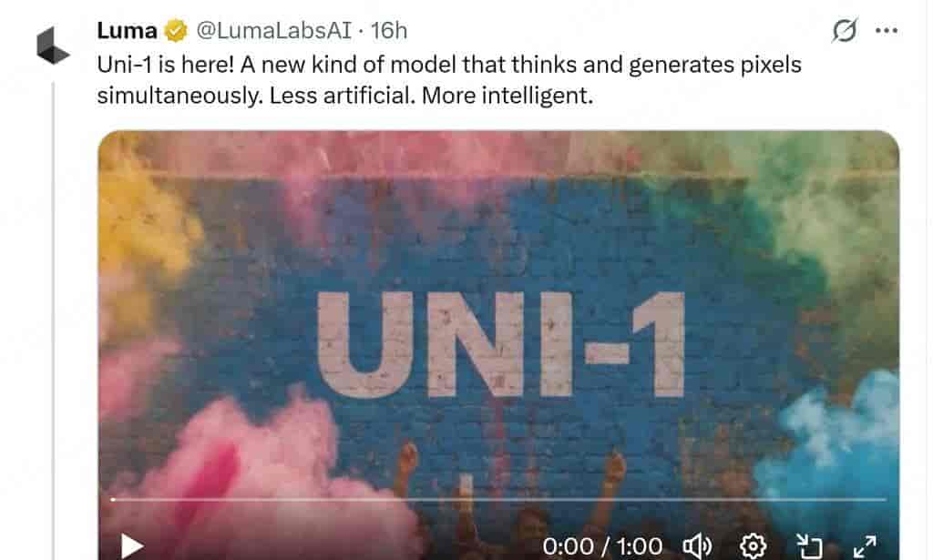 Luma发布Uni-1 弃扩散用自回归架构 重构AI画图逻辑