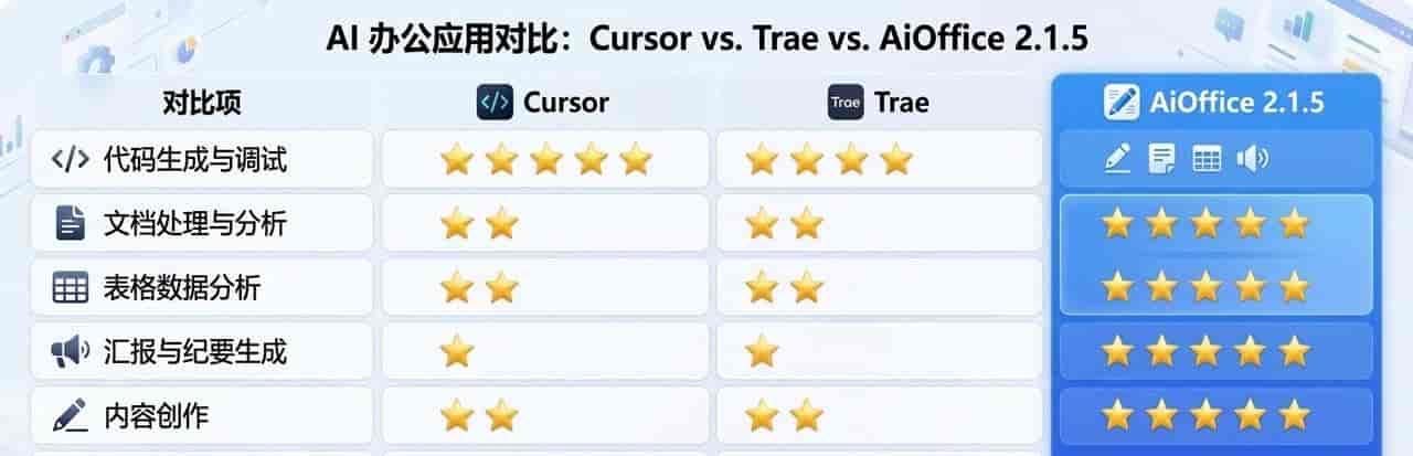 AiOffice 2.1.5 发布：五大维度对比 Cursor 与 Trae，重新定义 AI 办公