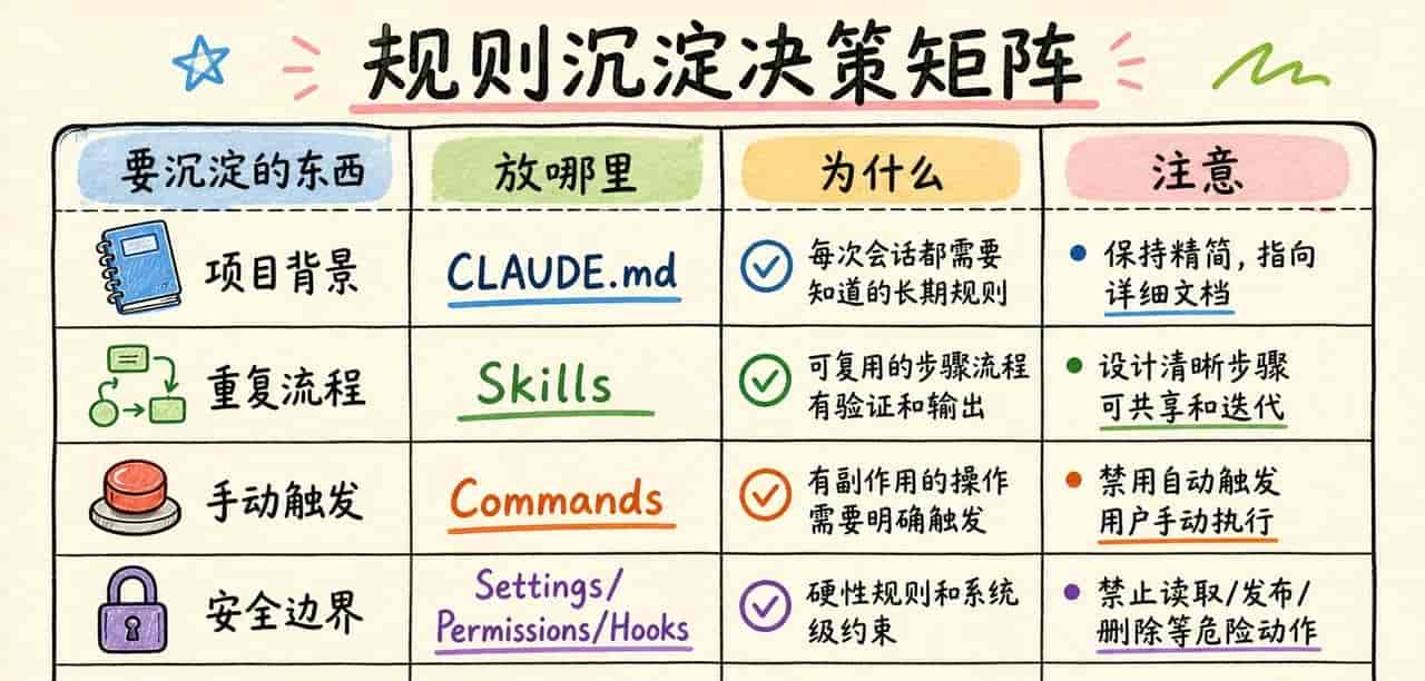 Claude Code 里 CLAUDE.md、Skills、Commands 到底该怎么用？