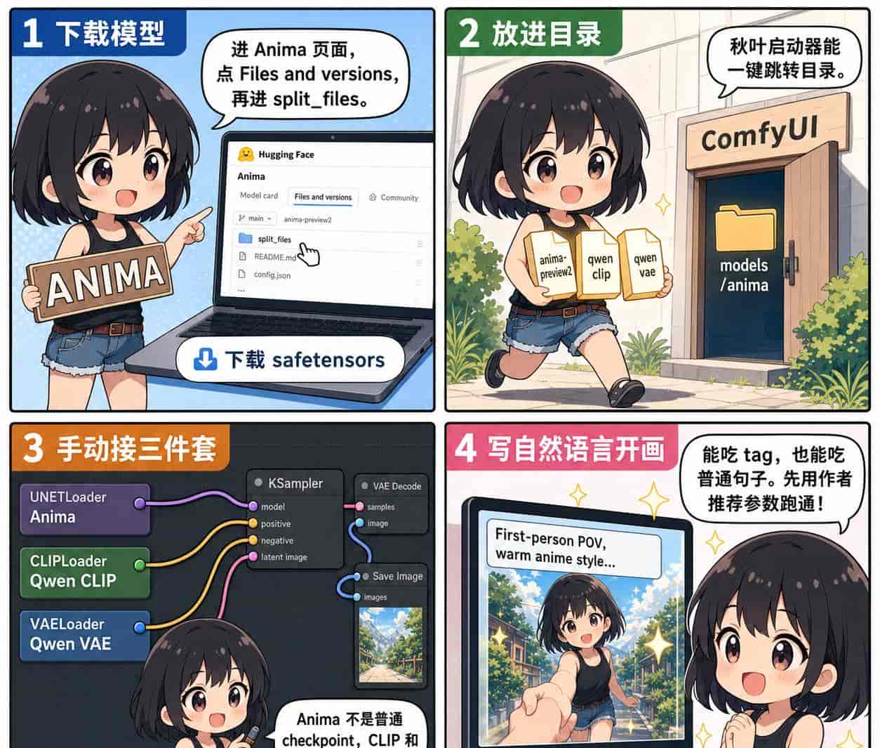 如何在comfyui中部署并使用anima-preview2模型