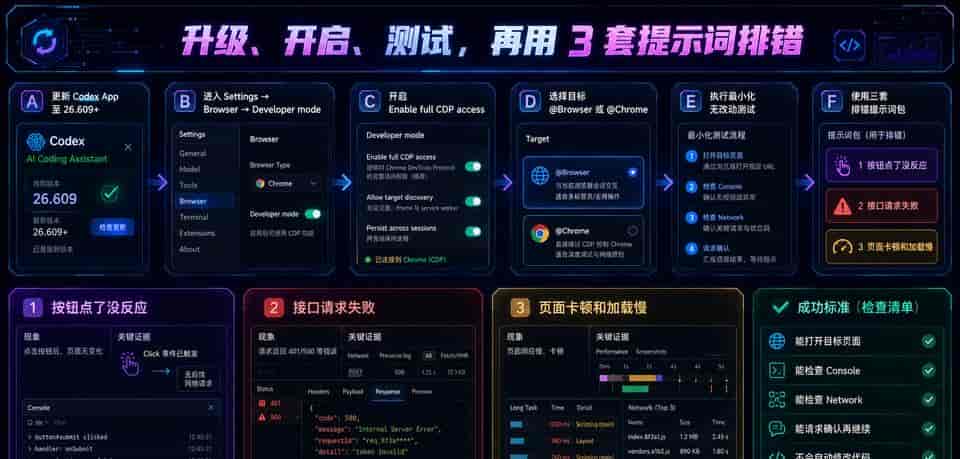 Codex 26.609 新版本直接接入Chrome 调试台，附 3 套网页排错提示词