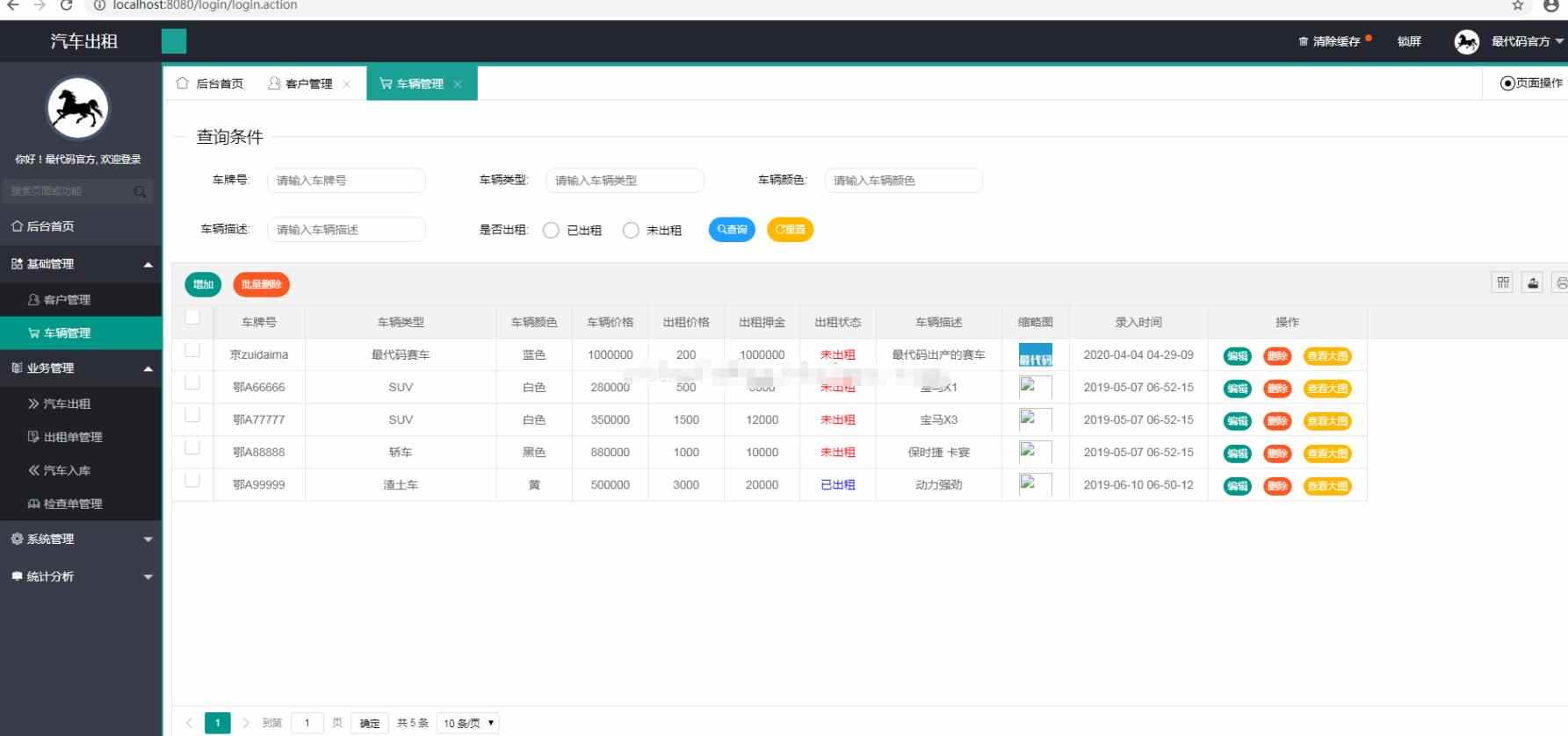 jsp汽车租赁管理系统java车辆在线租车业务统计ssm+layui源码web