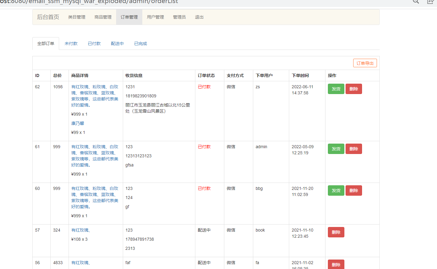 鲜花购物商城Java网上花店SSM销售管理系统JavaWeb项目jsp源码