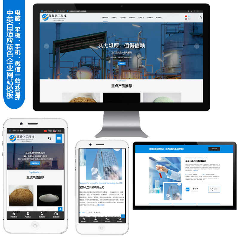 蓝色中英自适应外贸asp企业网站源码化工机械电子科技H5建站模板